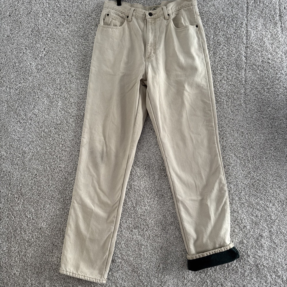 L.L.Bean Men's Cream Fleece Lined Straight‎ Leg Jeans Size 33x34